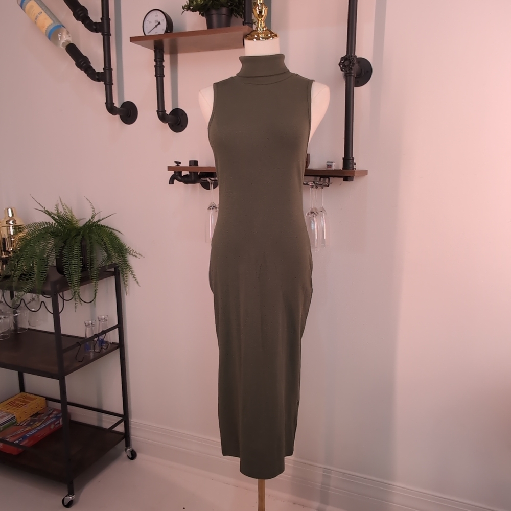 Minimalist Zara Ribbed Mock Neck Maxi Dress in Olive Green